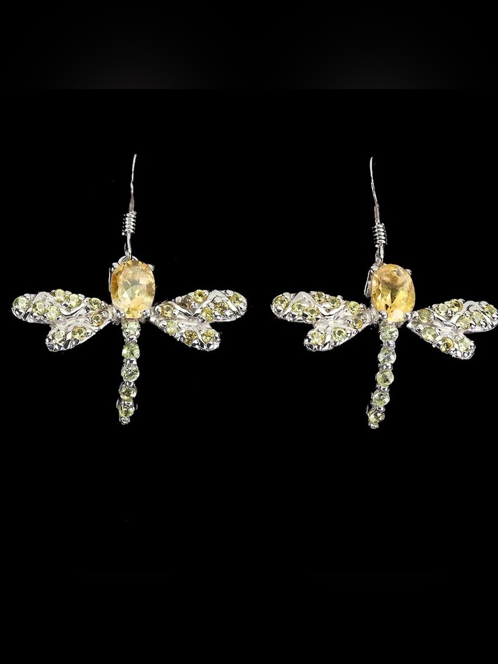Natural Citrine 7x5mm with Diamond cut sapphire Dragonfly Drop Earrings 925 SS